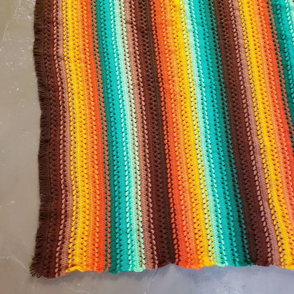 Vintage Afghan Crochet Throw Blanket Brown Green Orange Stripes Fringe MCM